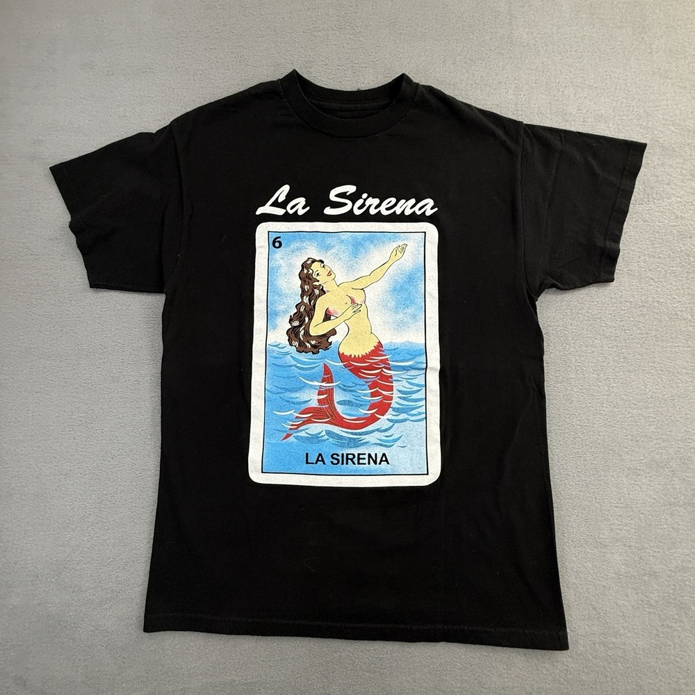 La Sirena Mexican Loteria Black T-Shirt Medium Mermaid‎